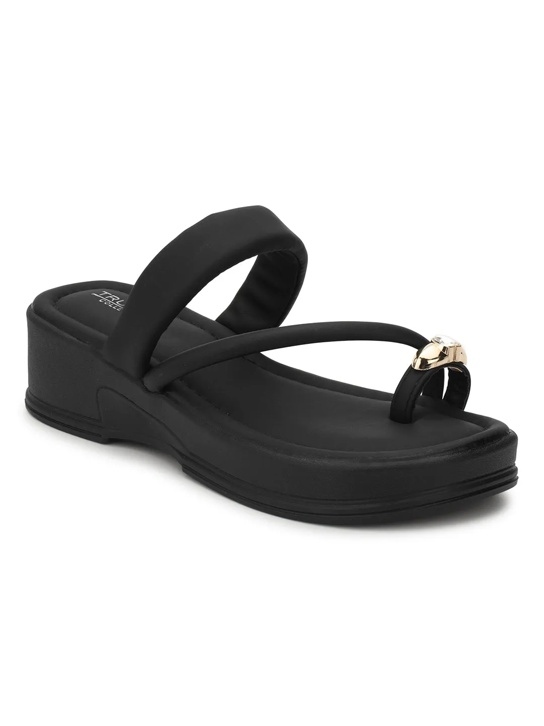 Escarpins à enfiler en PU noir avec détail diamant au bout (TC-RS3599-BLK)