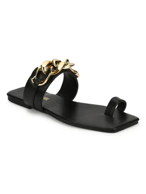 Slip-ons à chaîne dorée PU noir