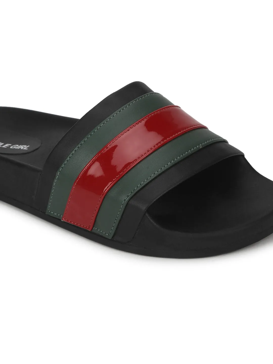 Sandales PU Noir à Rayures Vertes et Rouges