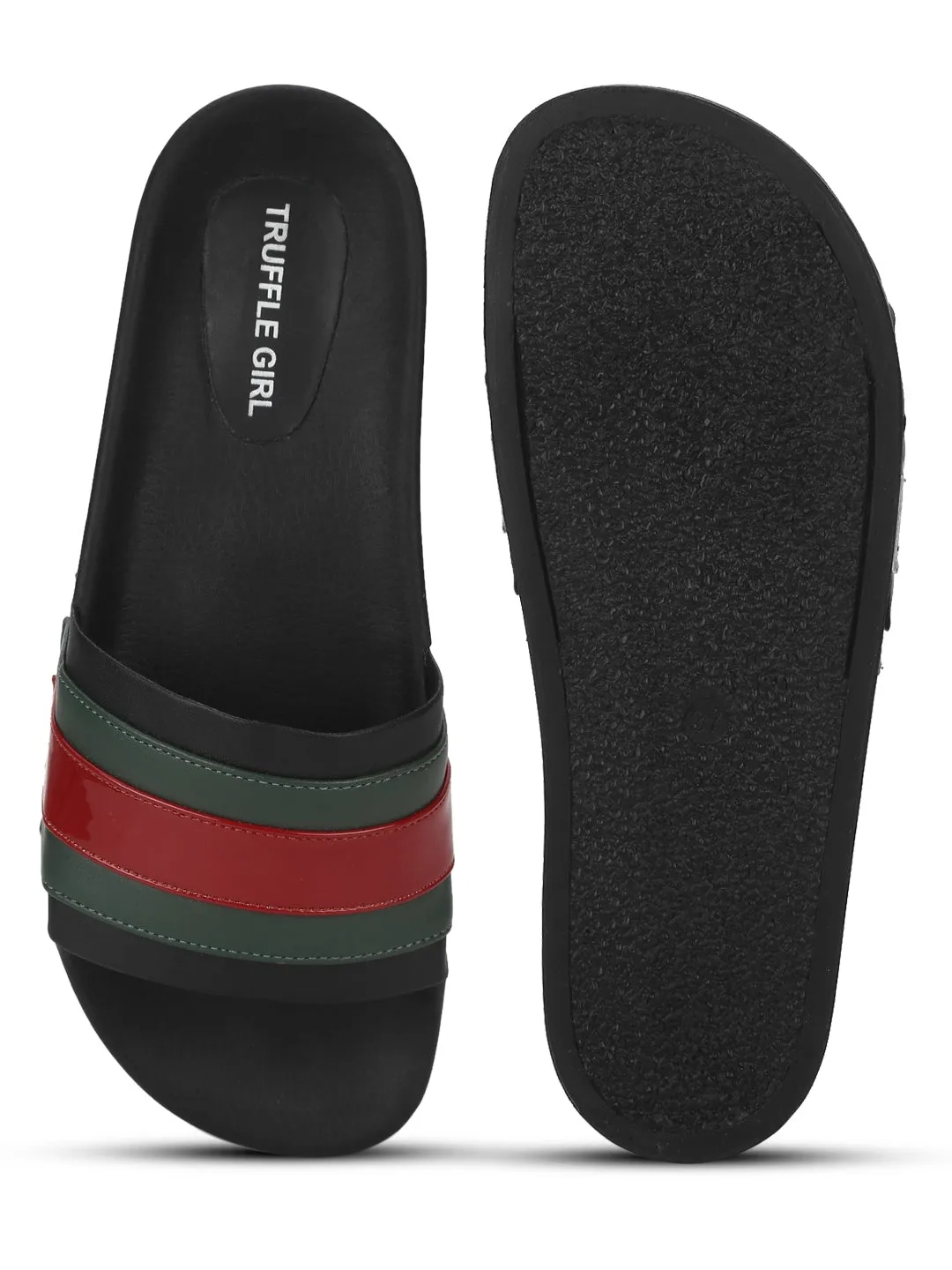 Sandales PU Noir à Rayures Vertes et Rouges
