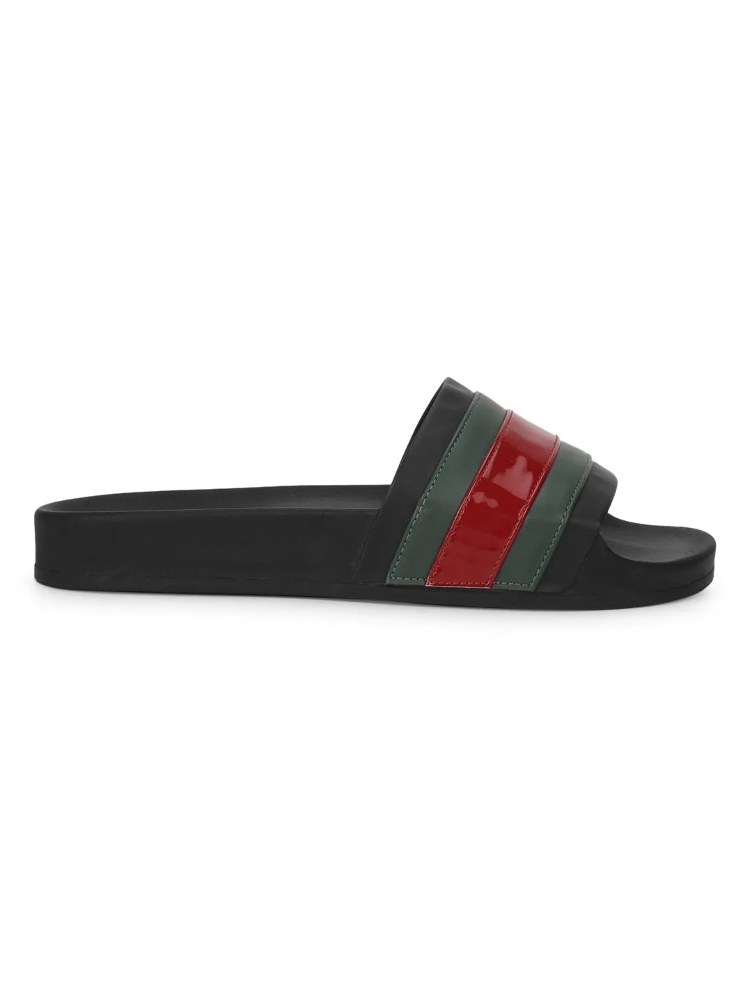 Sandales PU Noir à Rayures Vertes et Rouges
