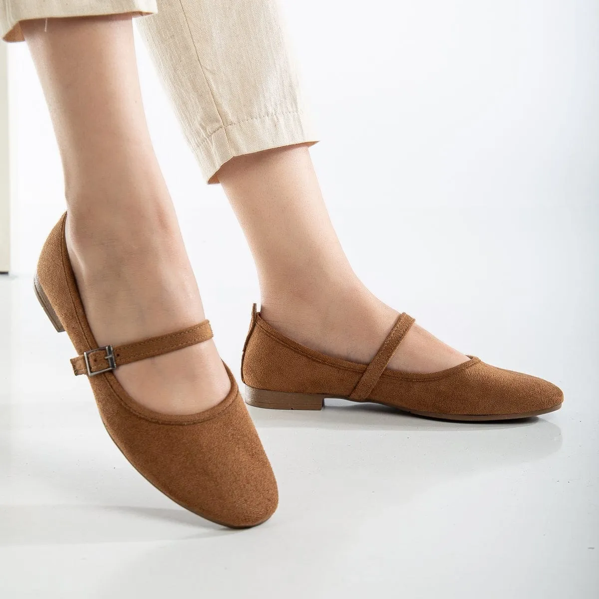 Emilie Vegan Similicuir Ballerines Mary Jane | Marron Cognac