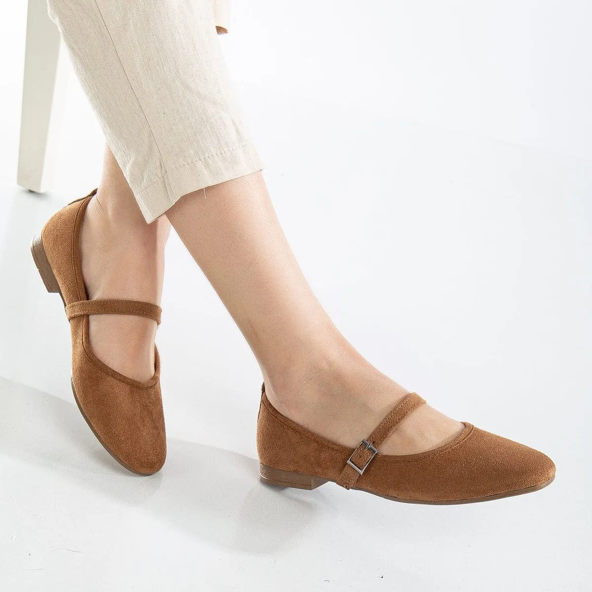 Emilie Vegan Similicuir Ballerines Mary Jane | Marron Cognac
