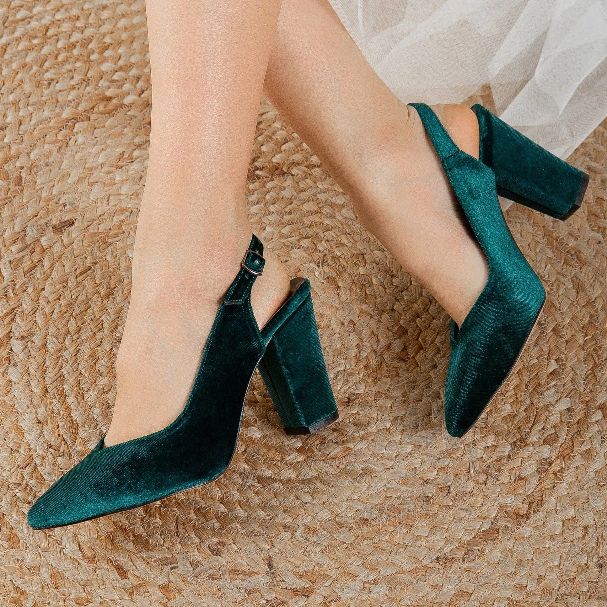 Emma Vegan Velvet Escarpins à Talons Hauts avec Bride Arrière | Vert