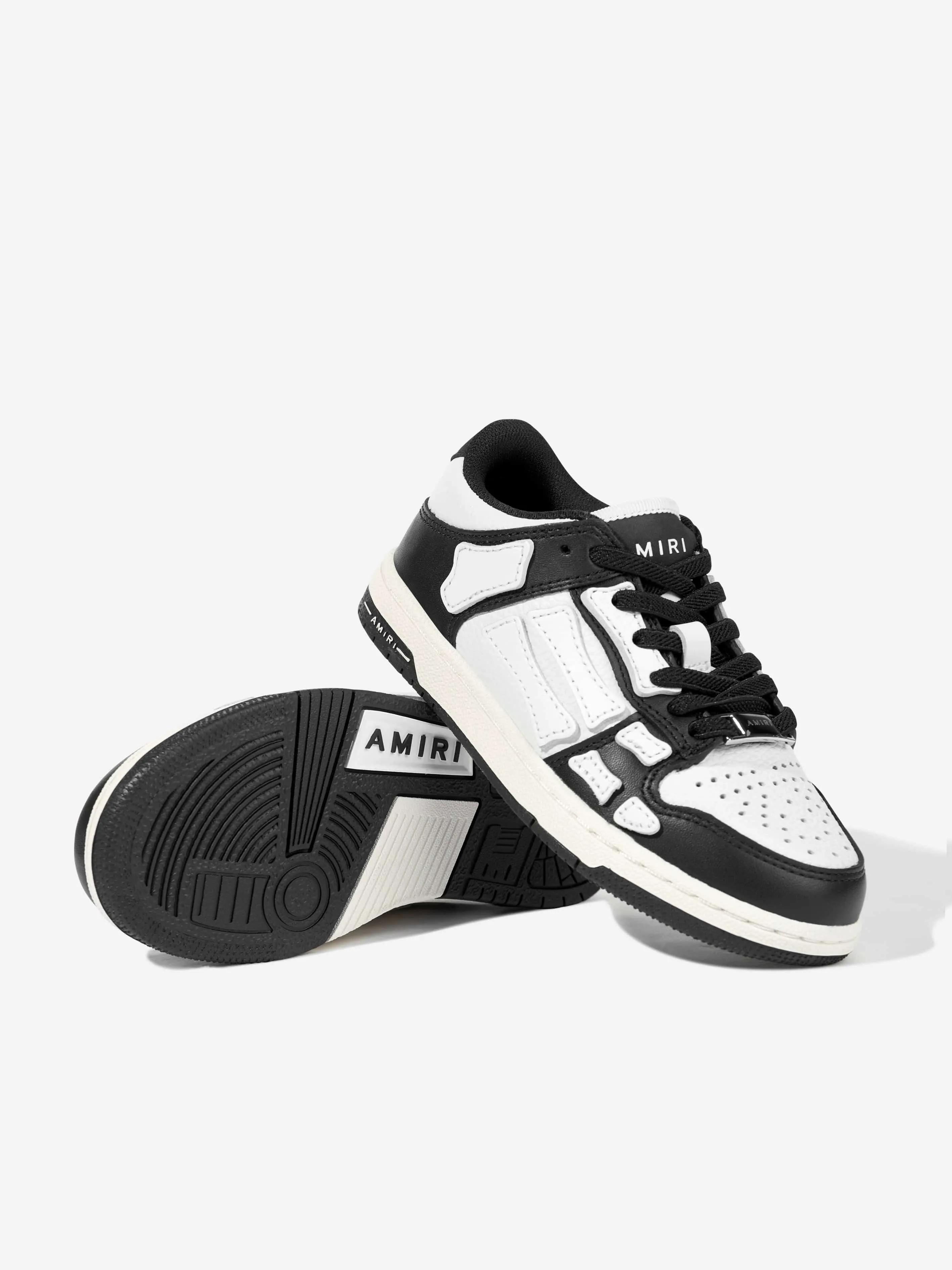 Baskets Basses en Cuir pour Enfants avec Dessin Squelette en Noir