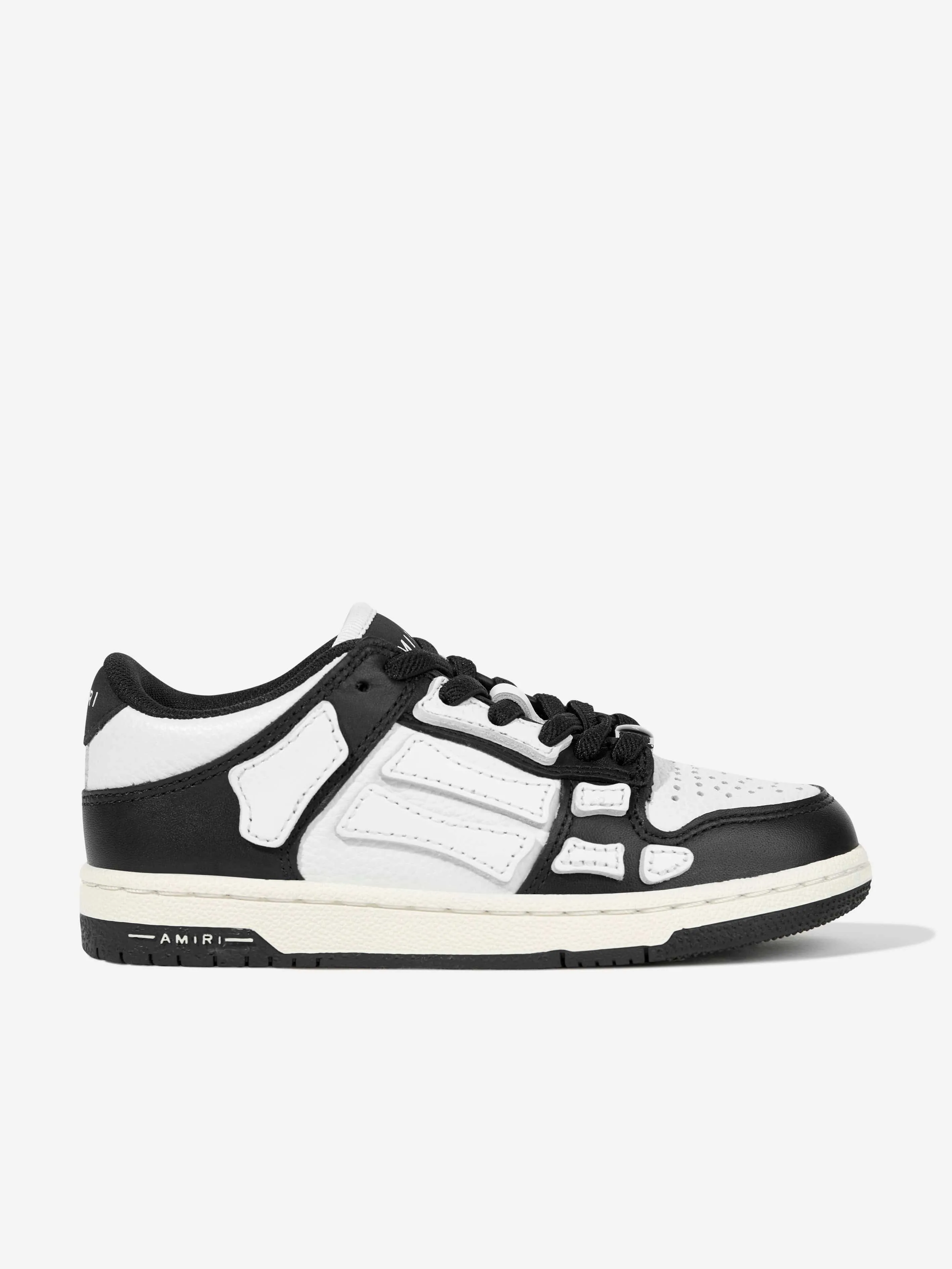 Baskets Basses en Cuir pour Enfants avec Dessin Squelette en Noir