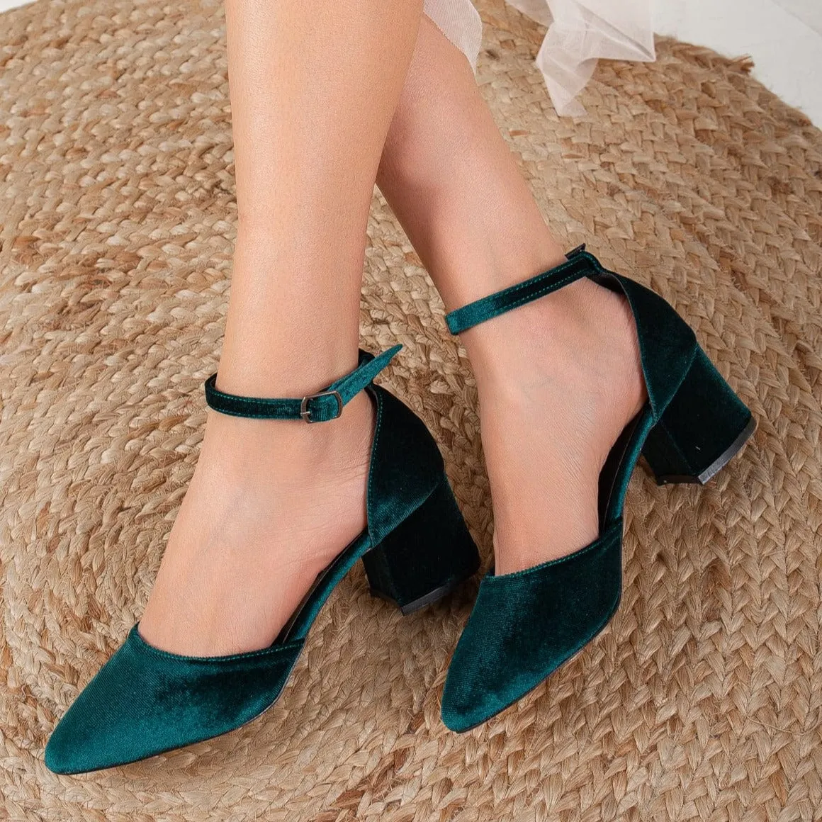 Marcelle Vegan Velvet Escarpins à Petit Talon | Vert Émeraude