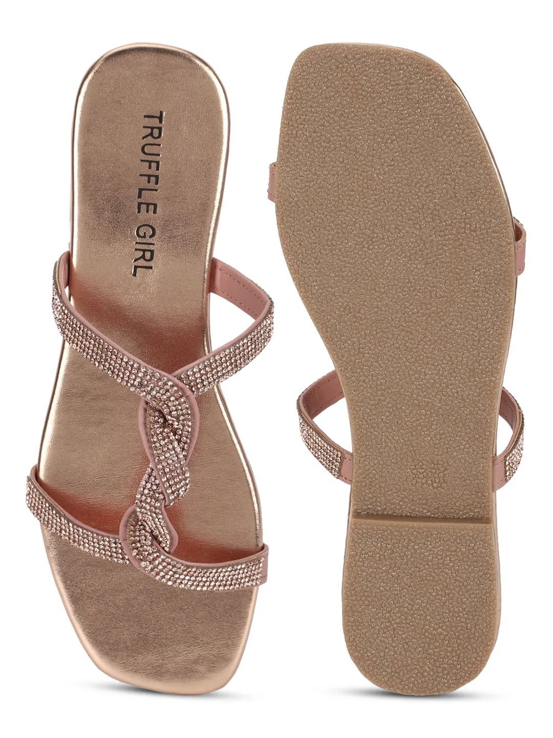 Escarpins à enfiler à lanières torsadées en PU nude avec strass (TC-ST-1218-NUD)