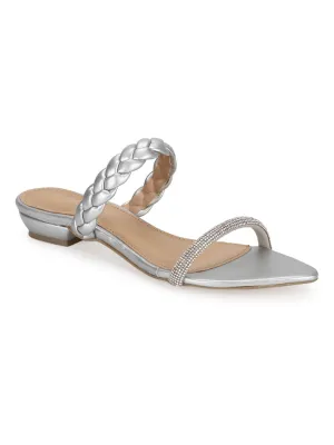 Ballerines à bouts pointus en PU argenté tressé (TC-SLC-SF51-SIL)