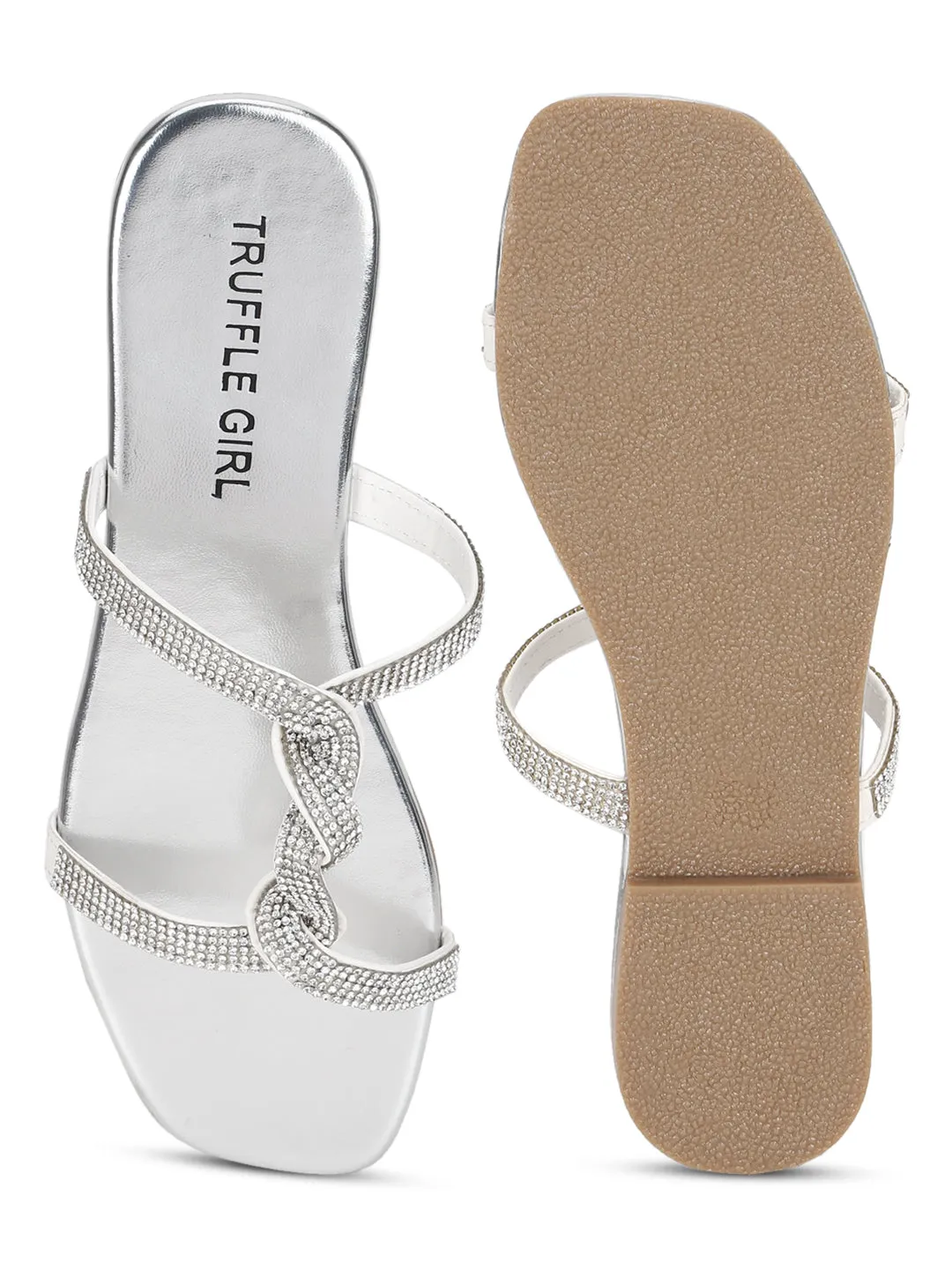 Mules à lanières torsadées en PU argenté avec strass (TC-ST-1218-SIL)