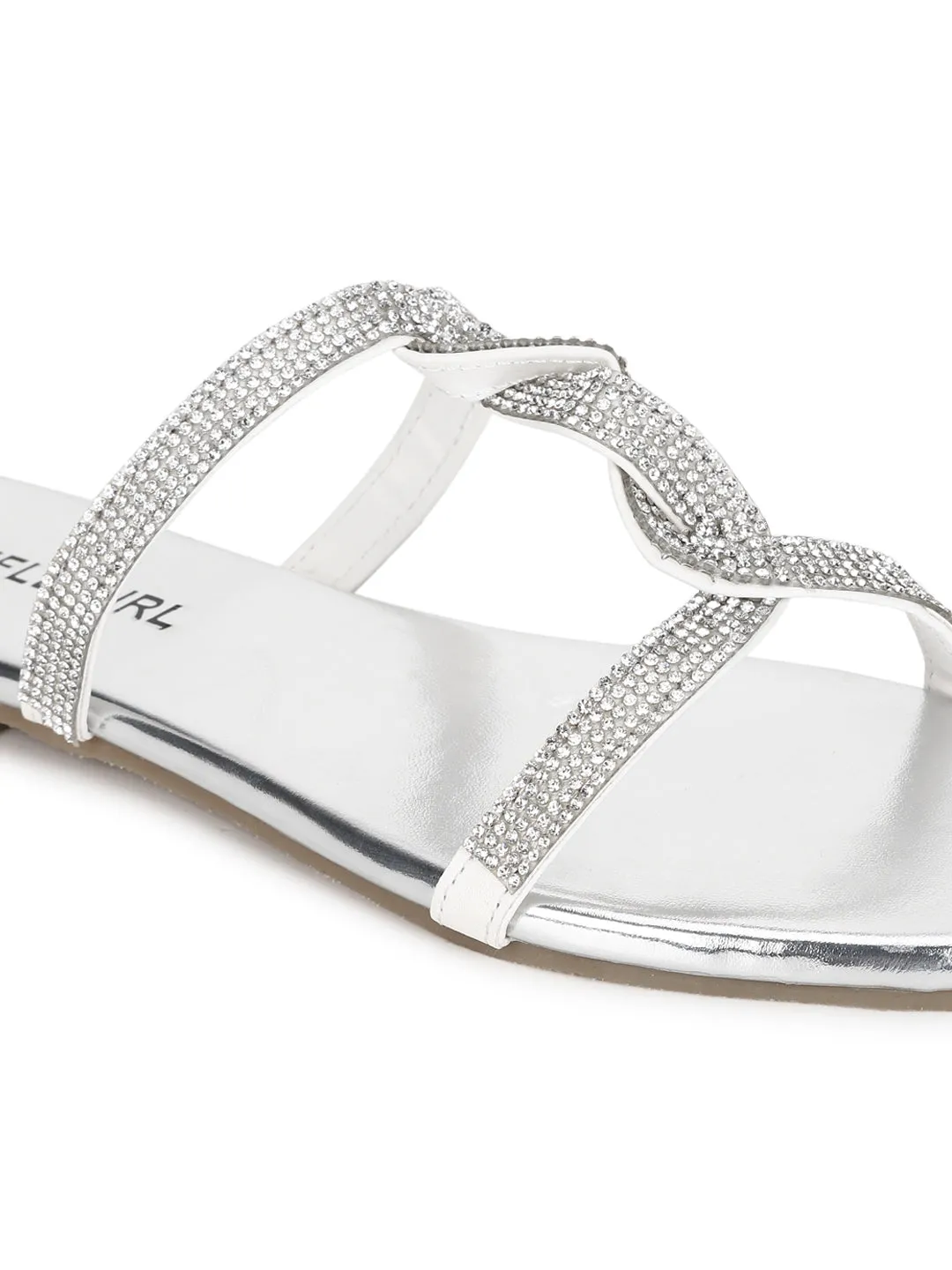 Mules à lanières torsadées en PU argenté avec strass (TC-ST-1218-SIL)