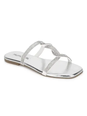 Mules à lanières torsadées en PU argenté avec strass (TC-ST-1218-SIL)