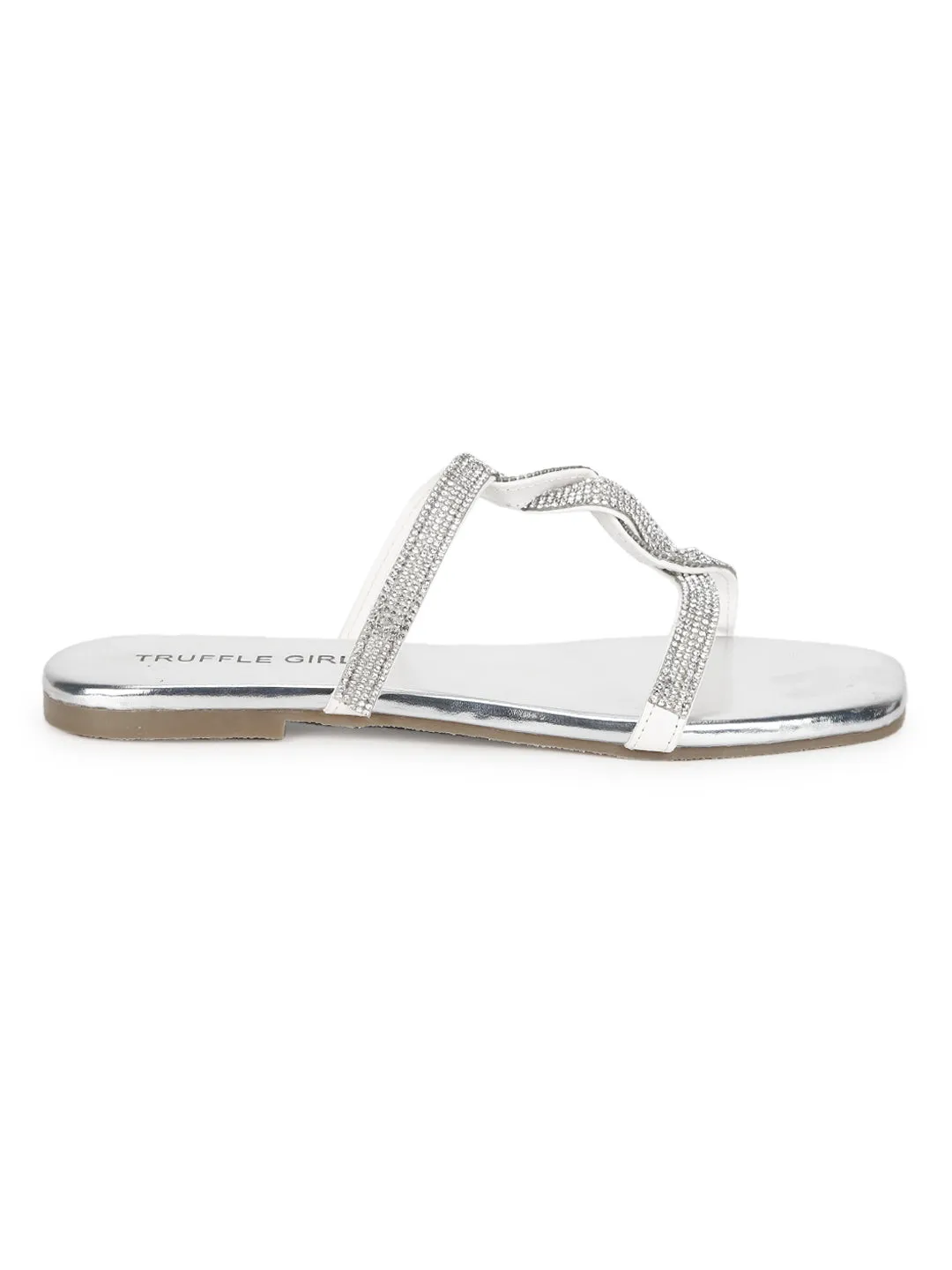 Mules à lanières torsadées en PU argenté avec strass (TC-ST-1218-SIL)