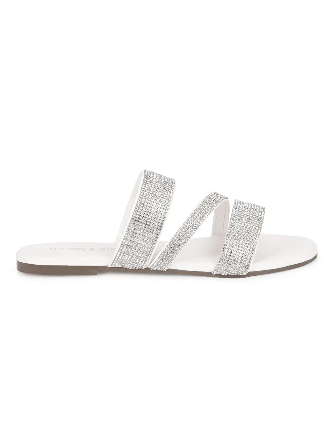 Escarpins blancs PU à brides strass à enfiler (TC-ST-1214-WHT)