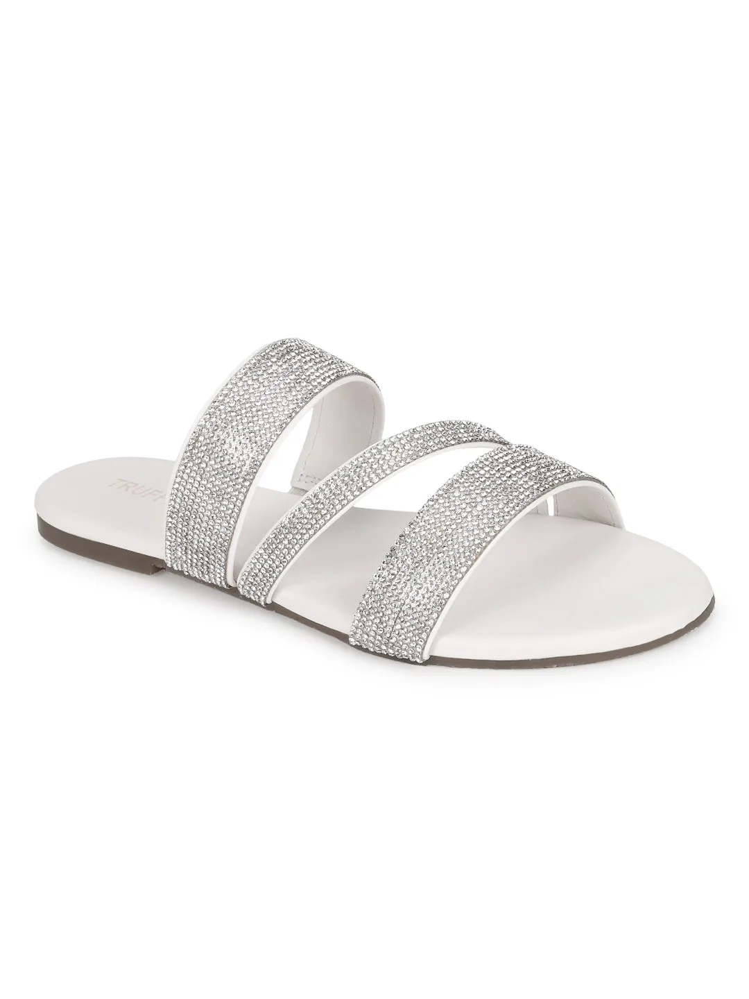 Escarpins blancs PU à brides strass à enfiler (TC-ST-1214-WHT)
