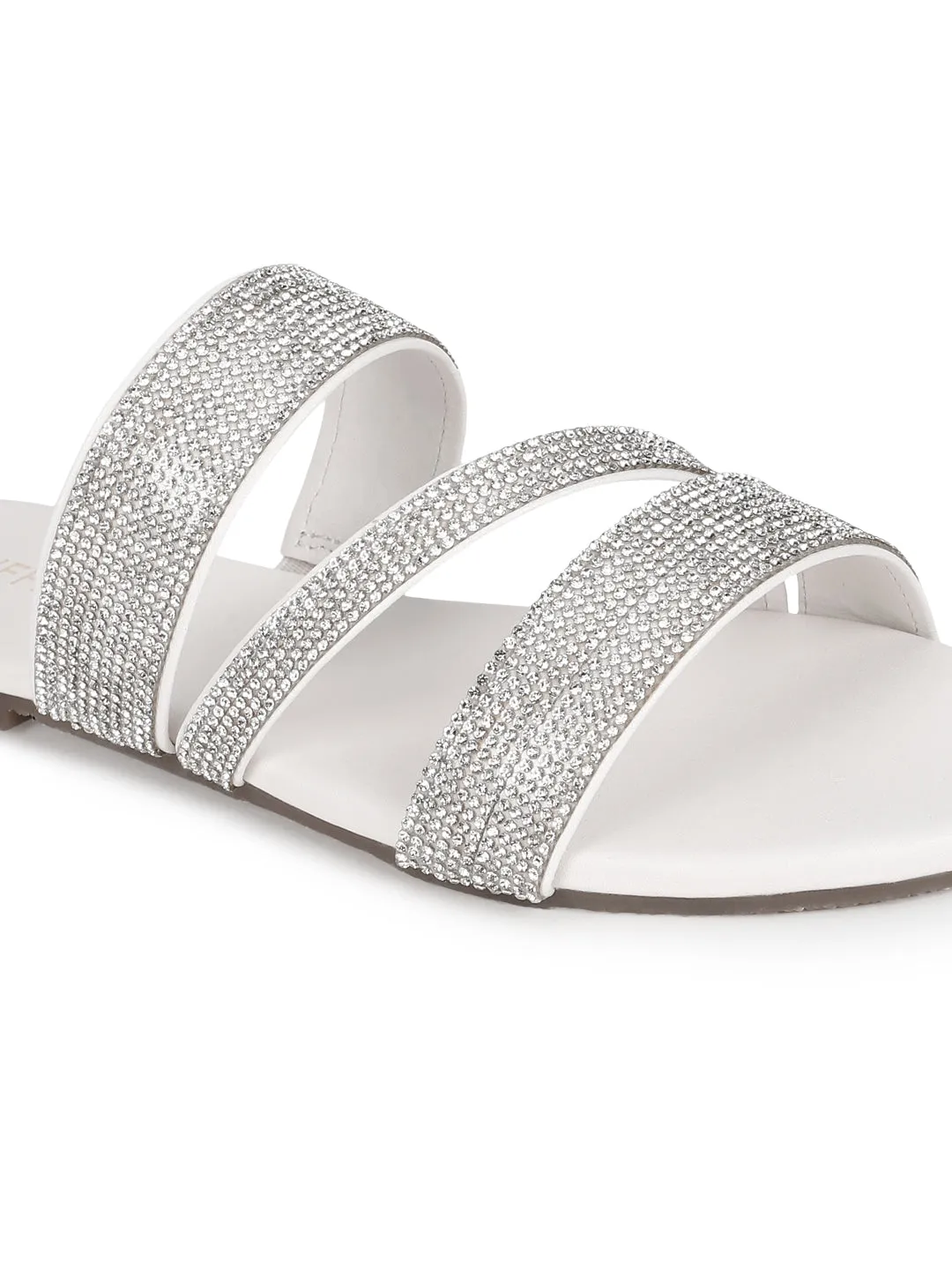 Escarpins blancs PU à brides strass à enfiler (TC-ST-1214-WHT)