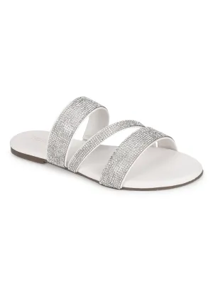 Escarpins blancs PU à brides strass à enfiler (TC-ST-1214-WHT)
