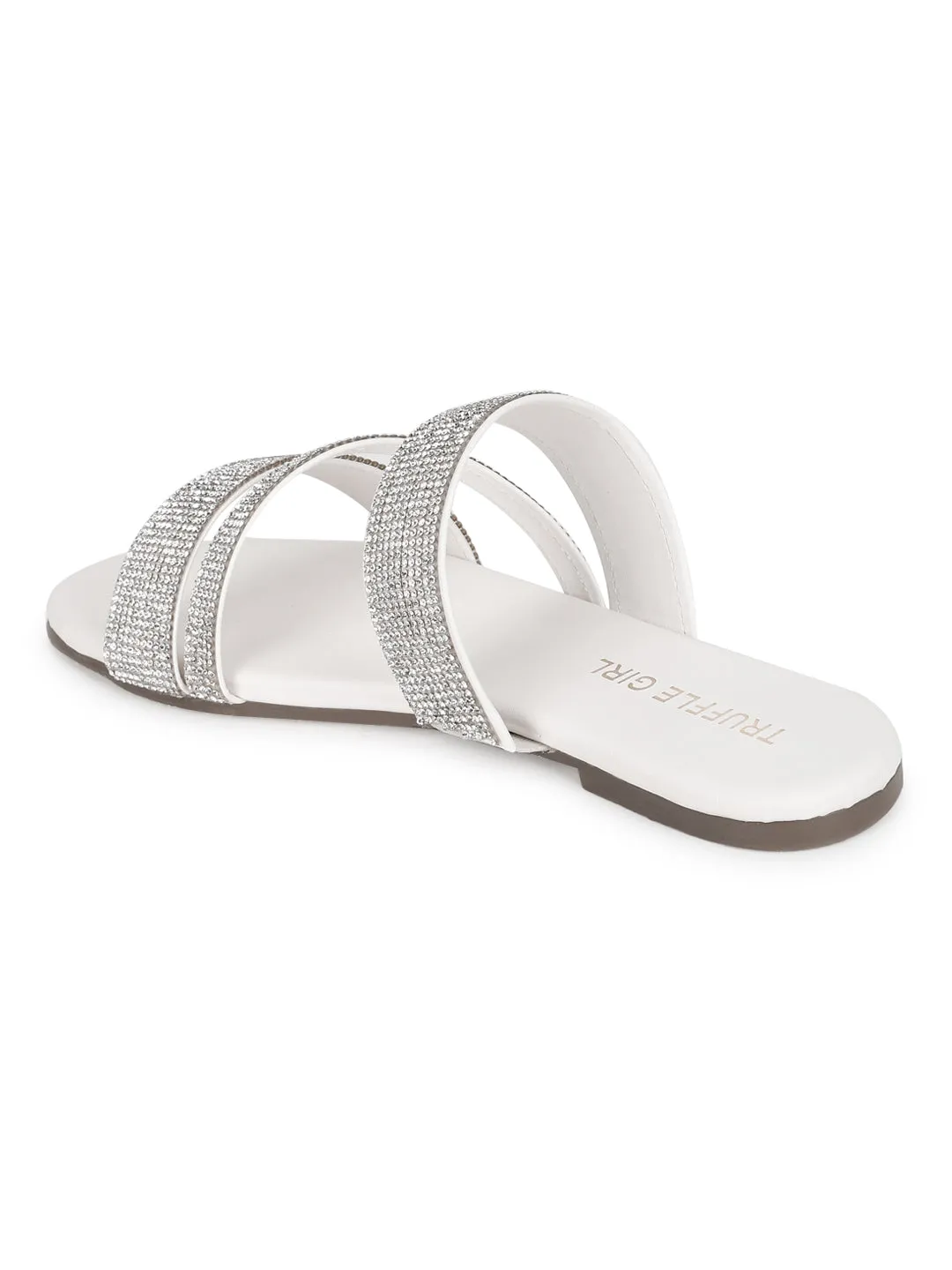 Escarpins blancs PU à brides strass à enfiler (TC-ST-1214-WHT)