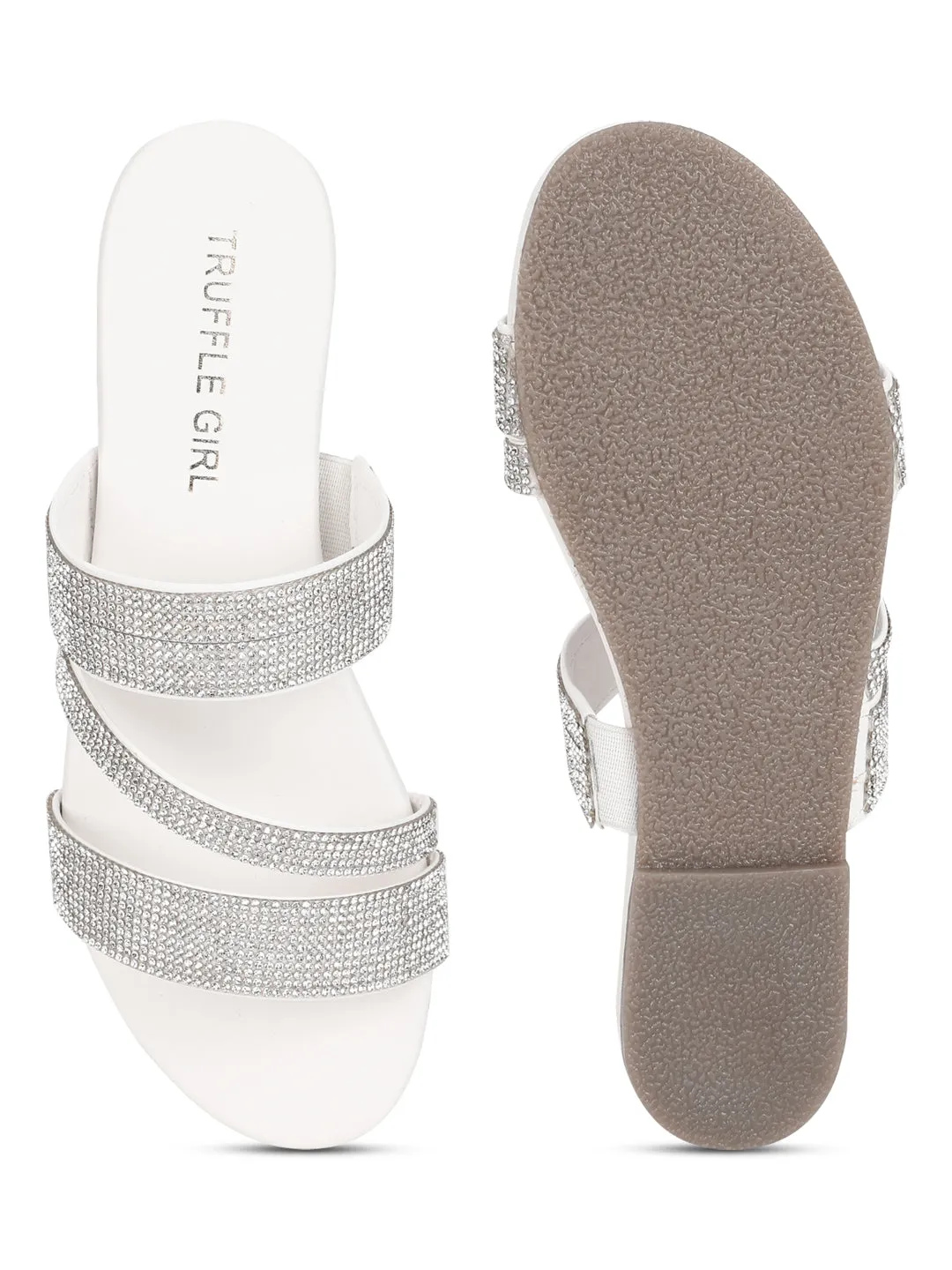 Escarpins blancs PU à brides strass à enfiler (TC-ST-1214-WHT)